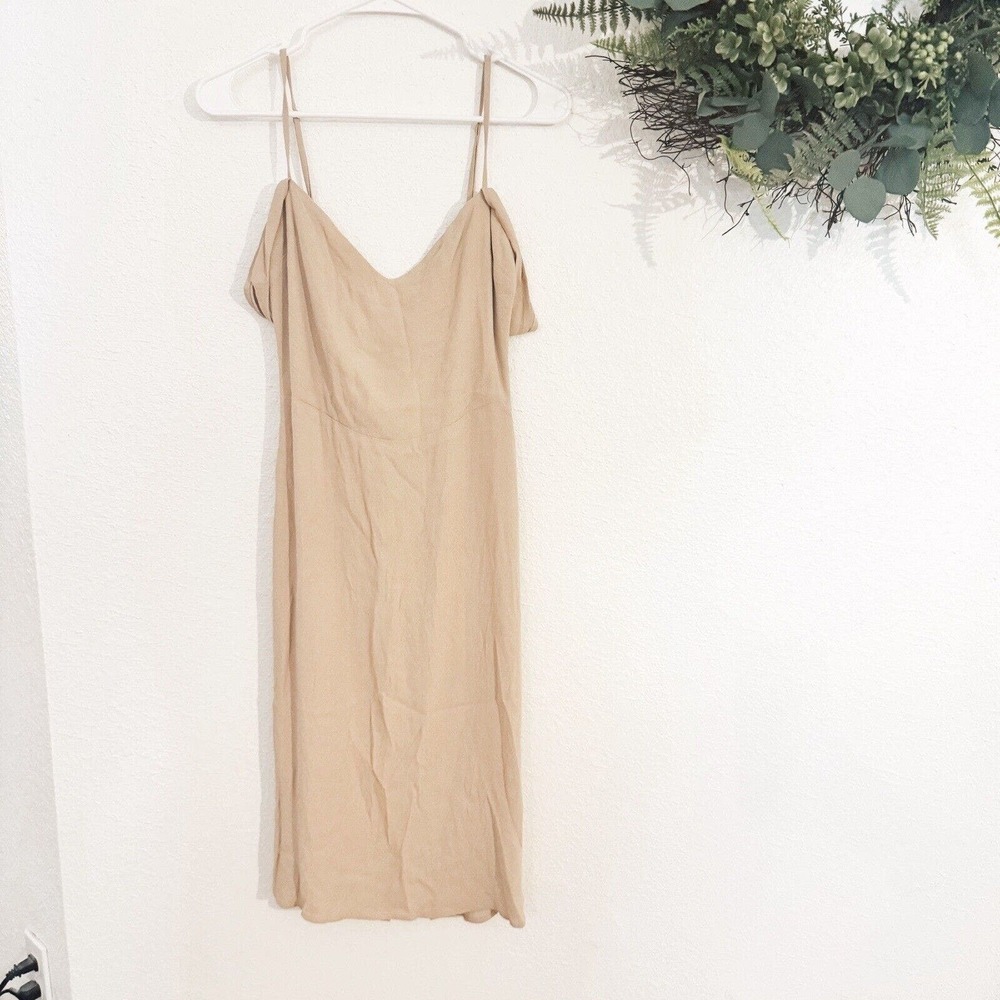 Reformation Womens Back Zip Dress Beige Size 6 Cold Shoulder Knee Length Midi
